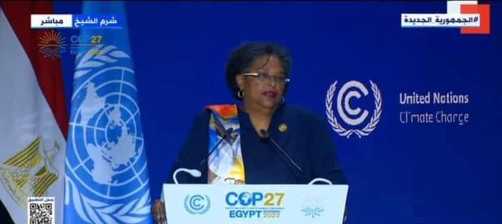 ألقت  السيدة ميا موتلي رئيسة وزراء دولة باربادوس كلمه خلال الجلسة الرئاسية ضمن فعاليات قمة المناخ COP27، بحضور السيد الرئيس عبد الفتاح السيسي رئيس الجمهورية ، أمس
